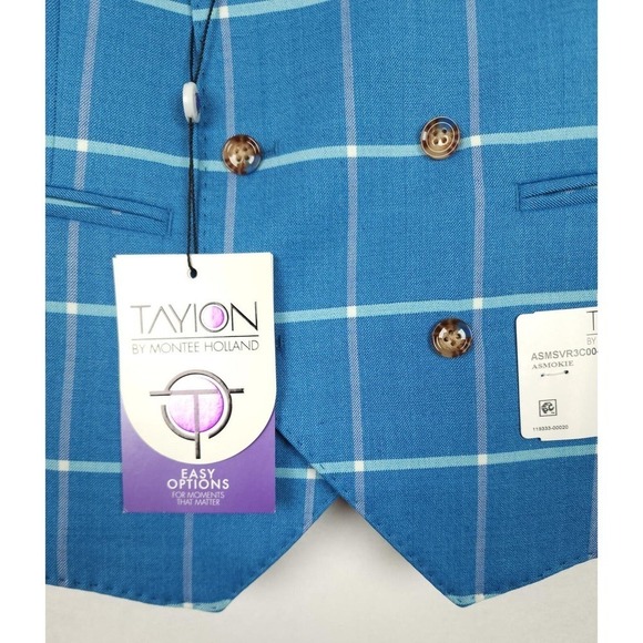Tayion Classic-Fit Stretch Wool Blend Suit Vest Blue/Cream Windowpane Small NWT - Picture 3 of 3